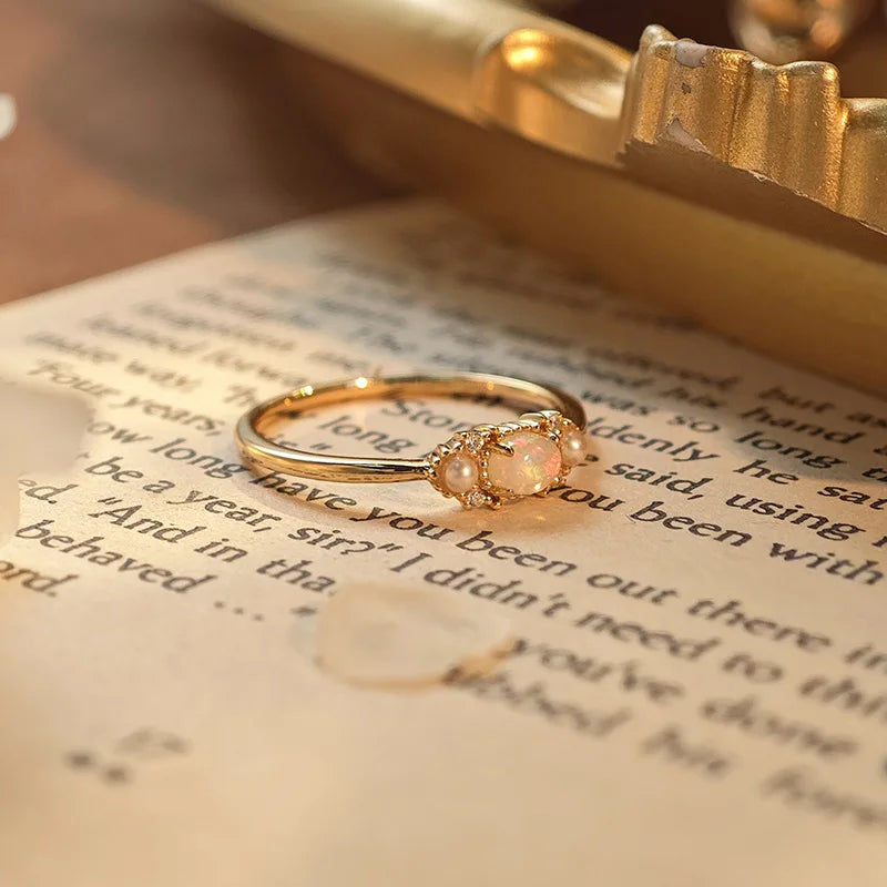 Emotional Factory 925 Sterling Silver 14K Gold Plated Gemstone Retro Cz Zircon African Opal Natural Pearl Ring