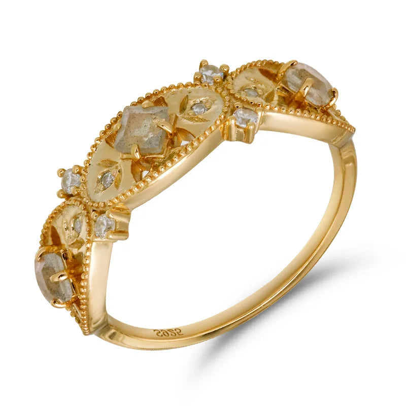 Bague Pour Femme Tendance 925 Sterling Silver  Gold Plated Gemstone Retro  Carved Cz Zircon Labradorite White Zirconium Ring