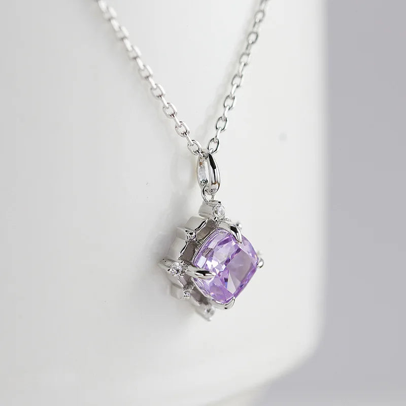 Emotional Factory 925 Sterling Silver 14K Gold Plated Gemstone Geometric Square Lavender Color Ice White Zirconia Necklace