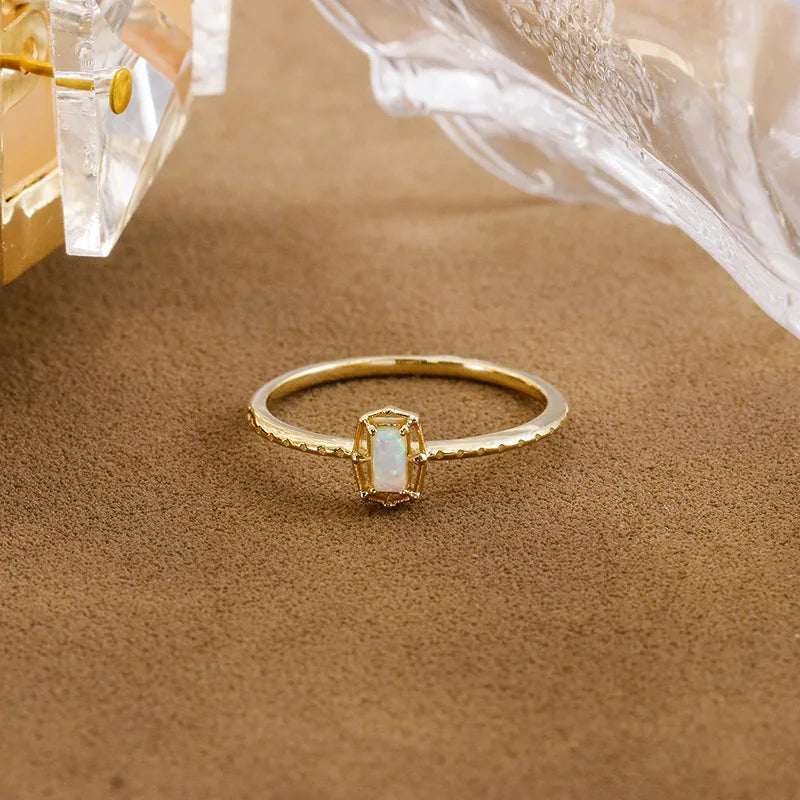 Emotional Factory 925 Sterling Silver 14K Gold Plated Gemstone Mini Geometric Flower Synthetic Opal Ring