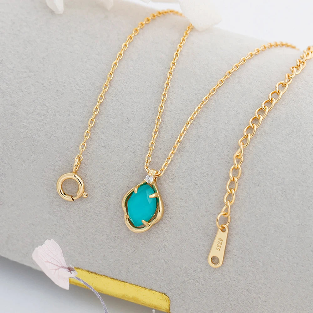 925 Sterling Silver 14K Gold Plated Gem Stone Gemstone Cz Zircon Turquoise Natural White Rock Crystal Necklace