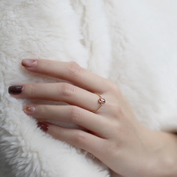 925 Sterling Silver 14K Gold Plated Gemstone Gem Natural Garnet Jewelry Chain Ring