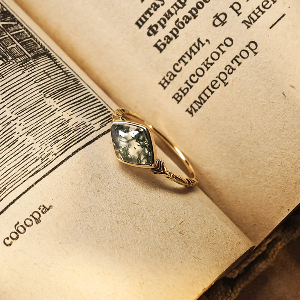 Emotional Joyeria Fina  925 Sterling Silver 14K Gold Plated Gemstone Middle Ages Vintage Style Geometric Rhombus Moss Agate Ring
