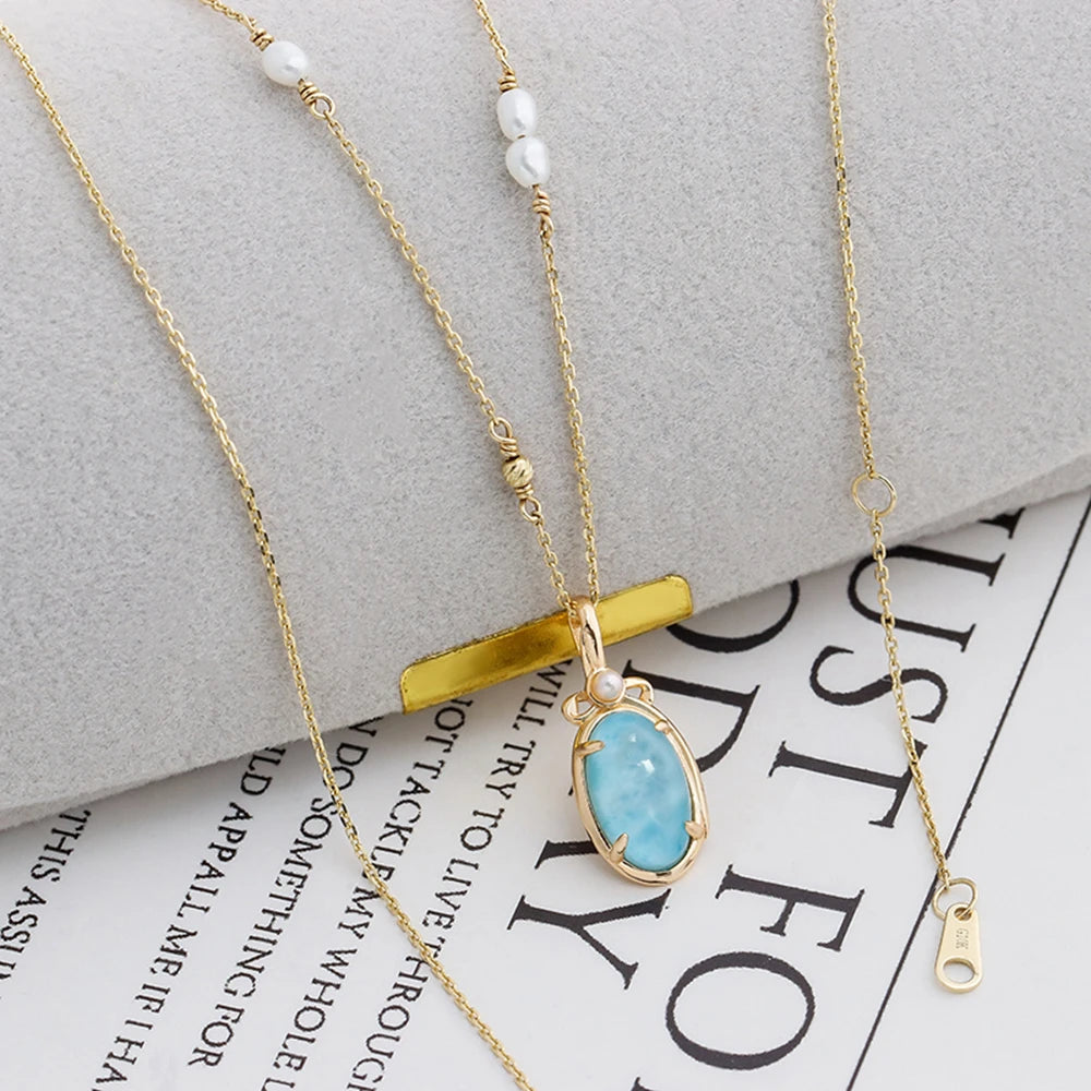 925 Sterling Silver 14K Gold Plated Gemstone Water Bottle Design Larimar Rock Crystal White Crystal Pendant Necklace