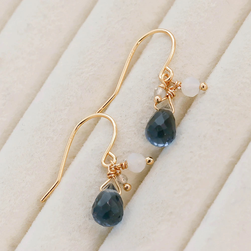 925 Sterling Silver 14K Gold Plated Gemstone Cz Zircon Teardrop Blue Quartz Stone Earrings