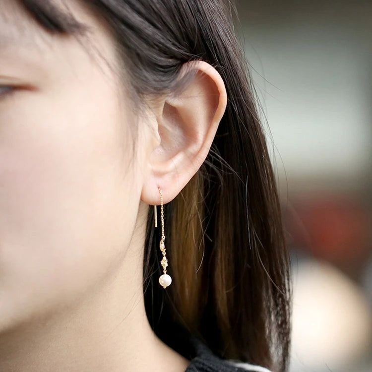 Emotional Factory 925 Sterling Silver 14K Gold Plated Gemstone Pearl Moon Star Long Line Earrings