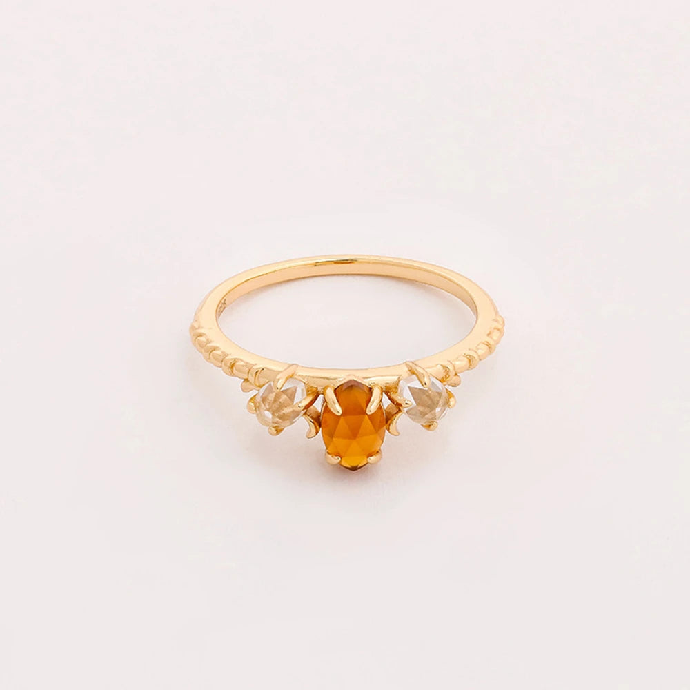 Emotional Factory 925 Sterling Silver 14K Gold Plated Gem Stone Gemstone Cz Zircon Natural Orange Garnet White Rock Crystal Ring