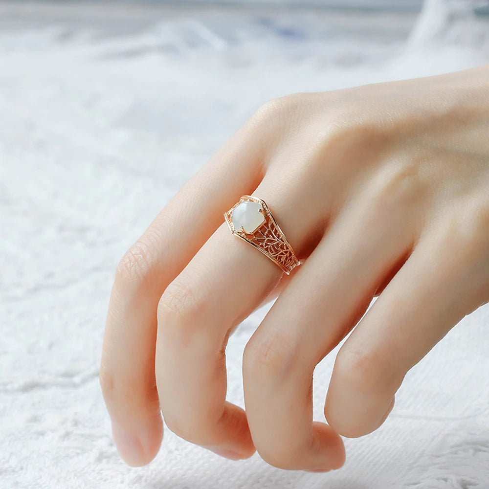 925 Sterling Silver 14K Gold Plated Gemstone Retro Vintage Hollow Ring Hexagonal Jade Nephrite Ring