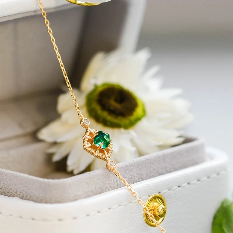 Emotional  Joyeria Factory 925 Sterling Silver 14K Gold Plated Gemstones Zircon Claw Setting Synthetic Emerald Bracelet