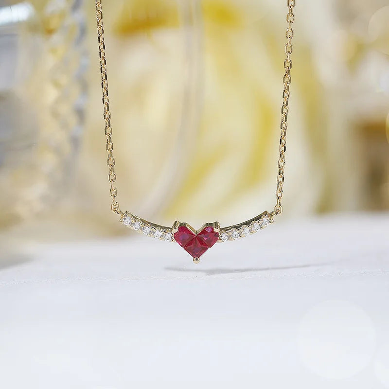 Emotional Factory 925 Sterling Silver 14K Gold Plated Heart Red Gemstone Handmade Borderless Inlay Zircon Necklace