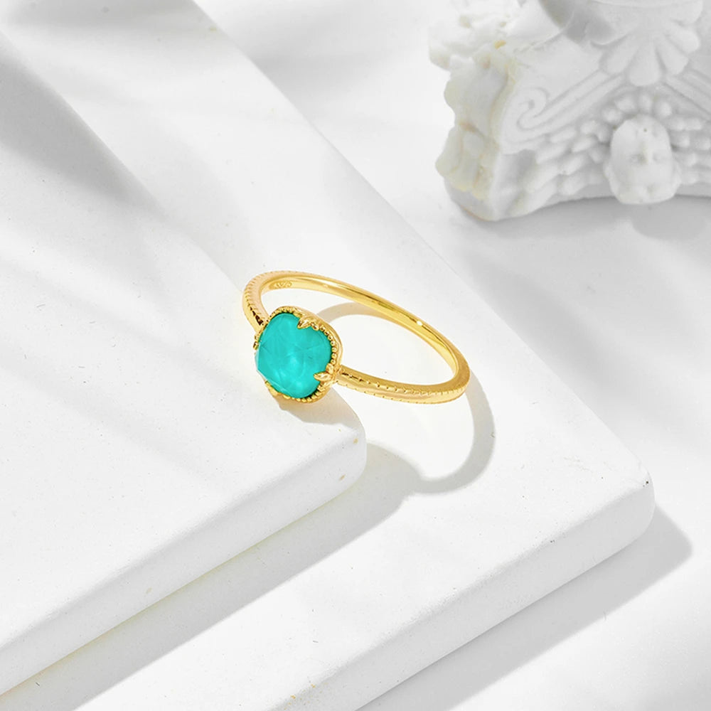 925 Sterling Silver 14K Gold Plated Gemstone White Crystal Natural square Turquoise Geometry Ring