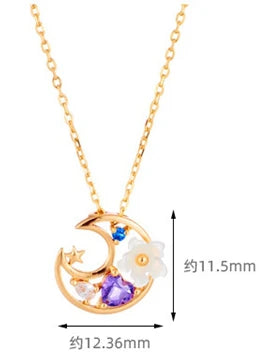 Emotional Factory 925 Sterling Silver 14K Gold Plated Gemstone Amethyst Moon Star White Shell Flower Necklace