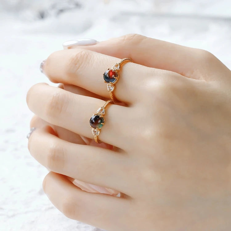 925 Sterling Silver 14K Gold Plated Gemstone Vintage Geometric Triangular Circles Rock Crystal Variegated Stone Ring