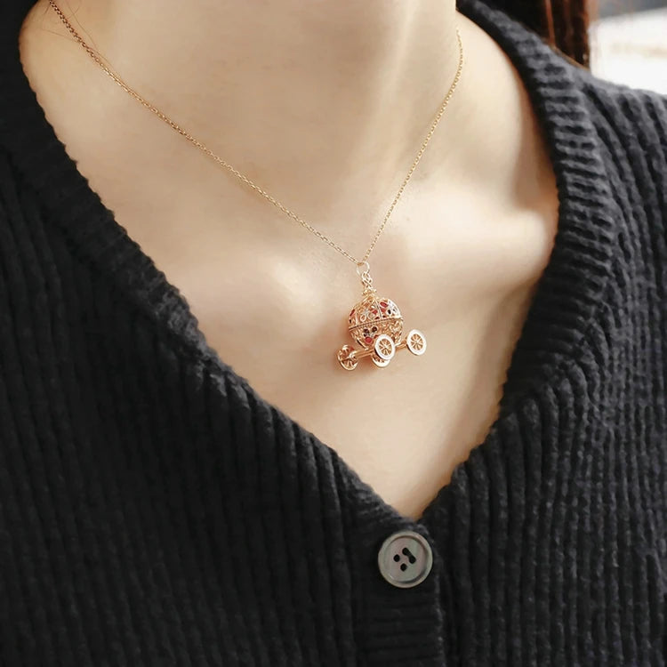 Emotional Factory 925 Sterling Silver 14K Gold Plated Zircon Small Pumpkin Car Enamel Necklace With Ordinary Chain