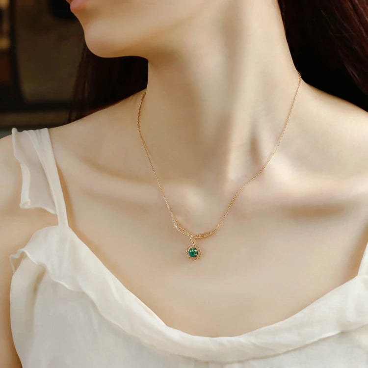 925 Sterling Silver 14K Gold Plated Gemstone Vintage Hollow Blonde Crystal Malachite Pendant Necklace With Ordinary Chain
