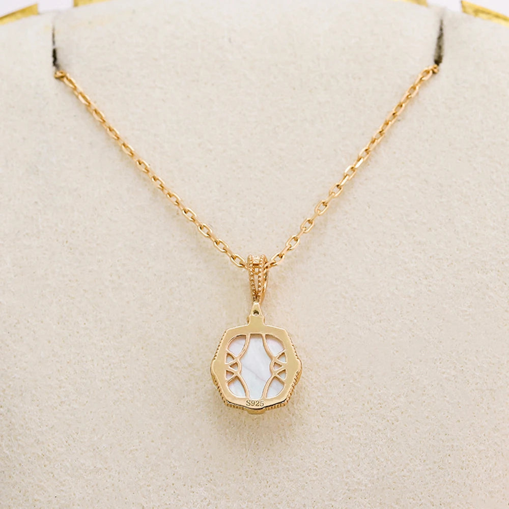 Factory Hot 925 Sterling Silver 14K Gold Plated Gem Stone Gemstone Elegant Geometric Square Rock Crystal Seashell Necklace