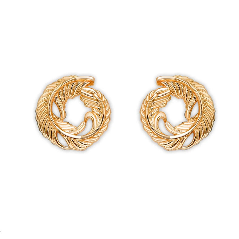 Emotional Factory 925 Sterling Silver 14K Gold Plated Retro Vintage Feather Circle Round Hollow Earrings