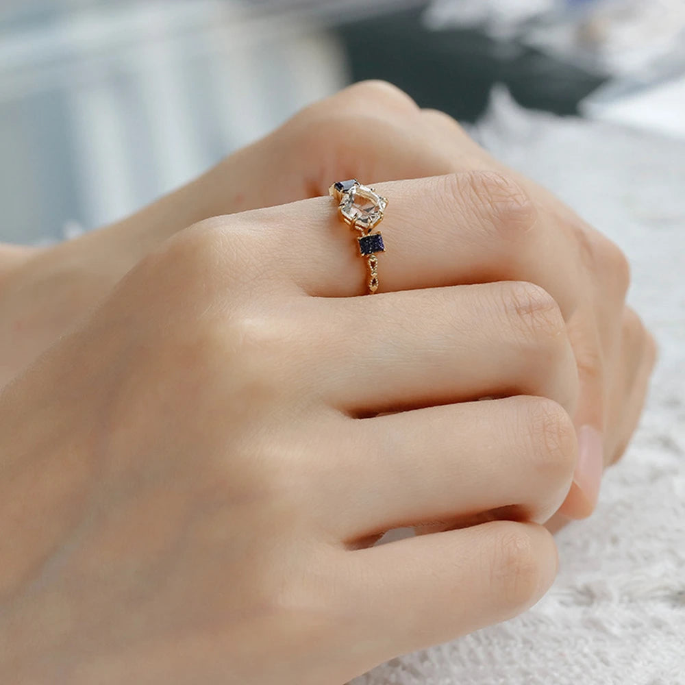 Emotional 925 Sterling Silver 14K Gold Plated Gem Stone Gemstone Geometric Square Round Blue Sandstone White Rock Crystal Ring
