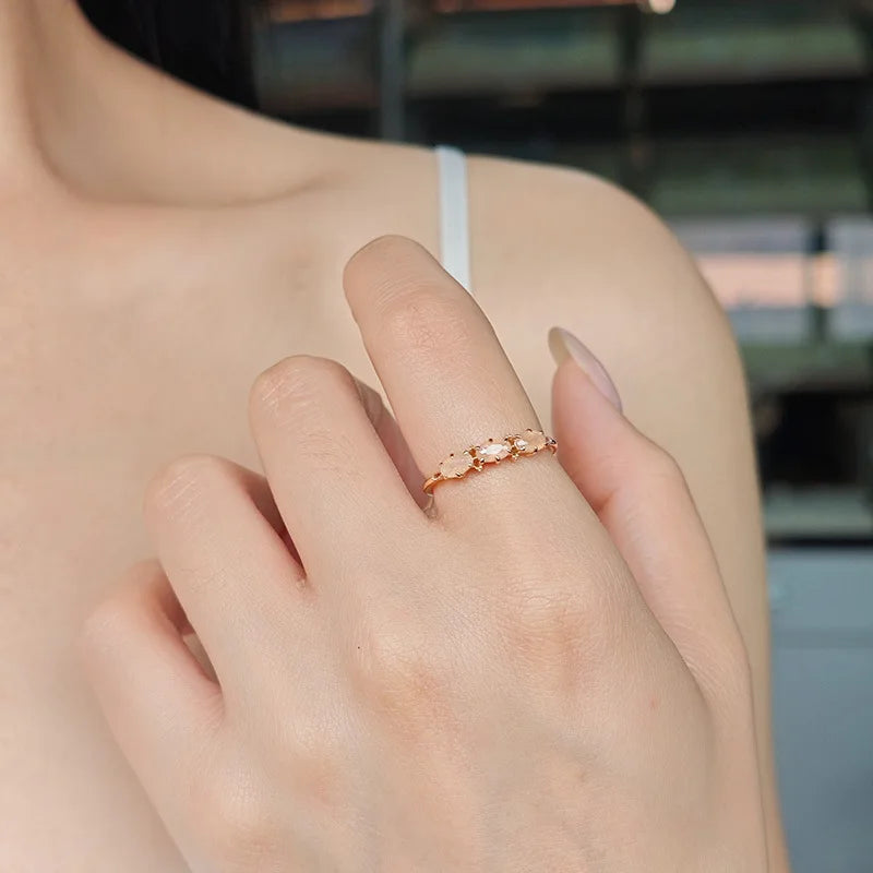 Emotional Factory 925 Sterling Silver 14K Gold Plated Gemstone Three Stones Small Fresh Orange Moonstone Ring