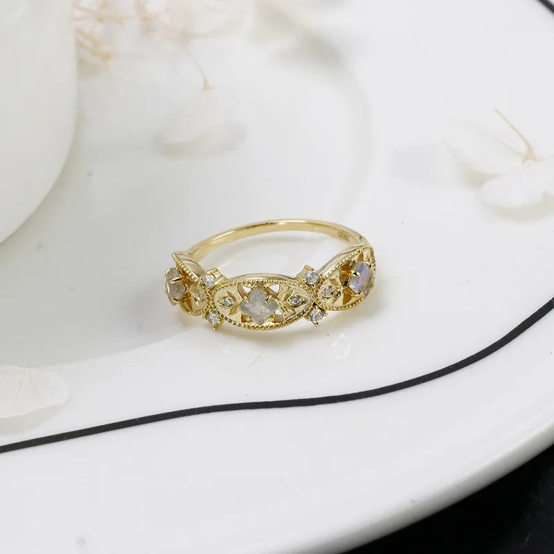Bague Pour Femme Tendance 925 Sterling Silver  Gold Plated Gemstone Retro  Carved Cz Zircon Labradorite White Zirconium Ring