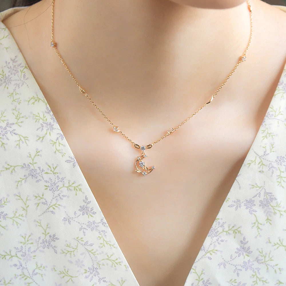 Gemstones Zircon Openwork Leaves Knitted Moon Necklace