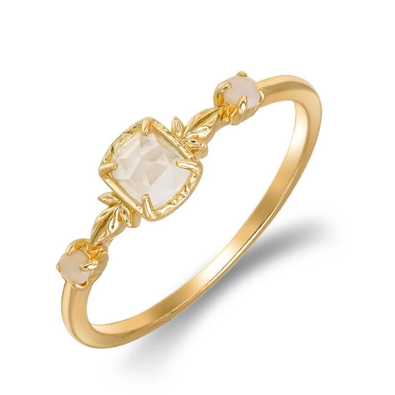 Emotional 925 Sterling Silver 14K Gold Plated Gem Stone  Geometric Square White Rock Crystal Natural Australian Opal Ring