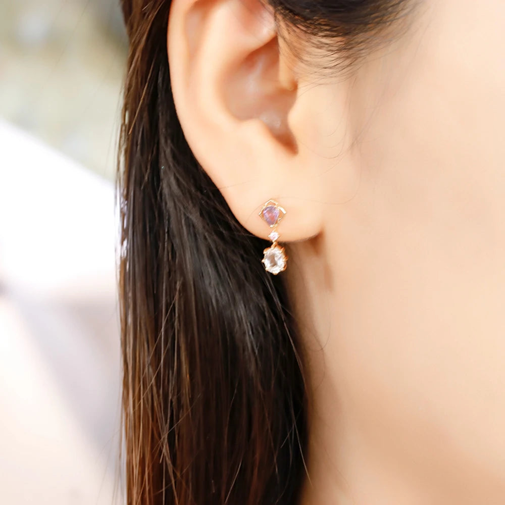 Emotional Factory 925 Sterling Silver 14K Gold Plated Gemstone Zircon White Topaz Pink Amethyst Strip  Earrings