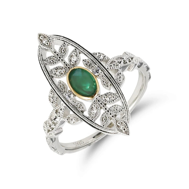 Emotional Bijou Factory 925 Sterling Silver 14K Gold Plated Gemstone Retro Cz Zircon Hollow Leaf Chrysoprase Ring
