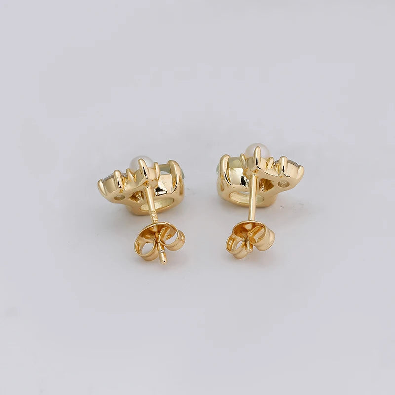 14K Gold Plated 925 Sterling Silver Earrings with Green Amethyst, Pearl, and Sparkling Zircon - Elegant Gemstone Cloud Design