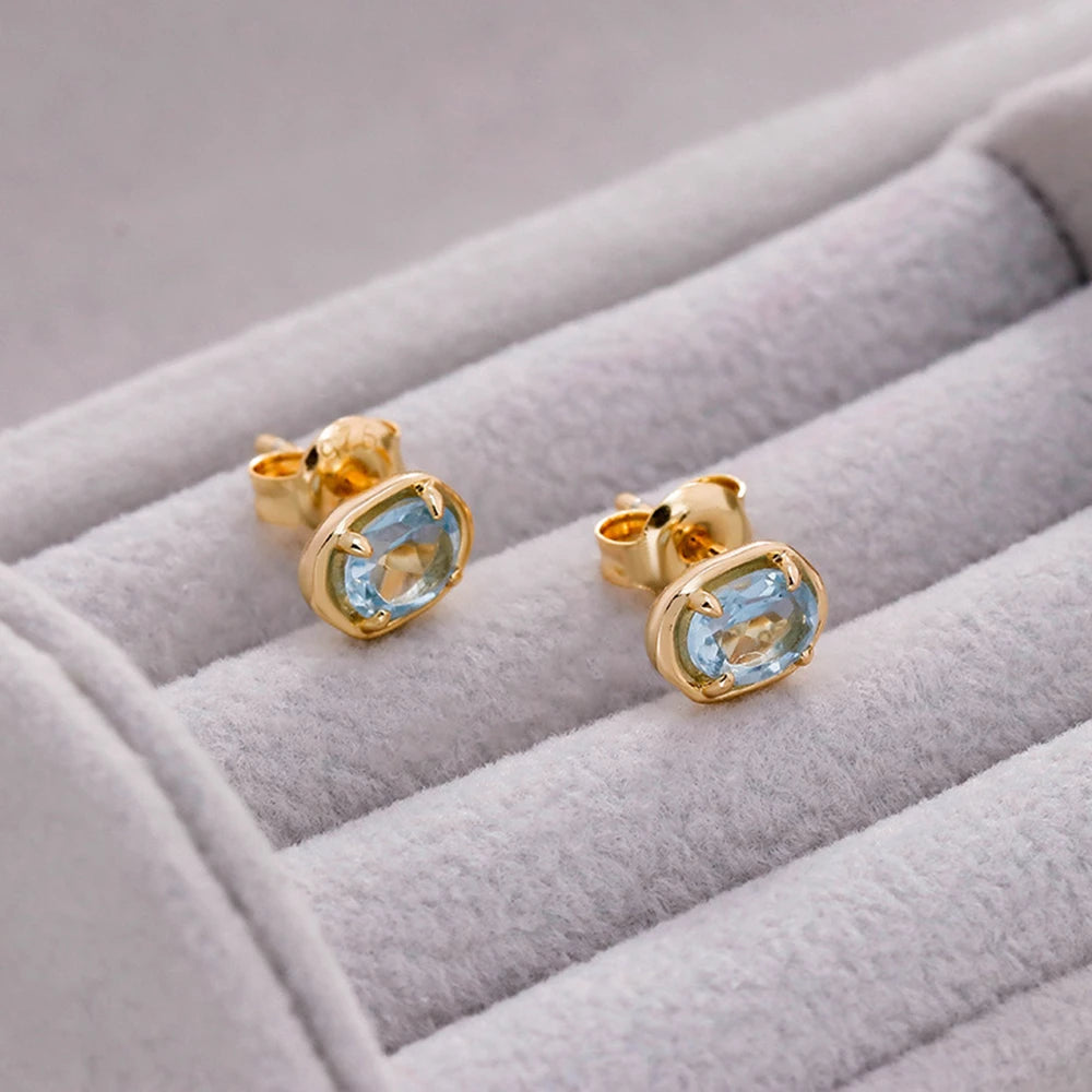 Emotional Factory 925 Sterling Silver 14K Gold Plated Gem Stone Gemstone Simpler Prong Setting Sky Blue Topaz Stud Earrings
