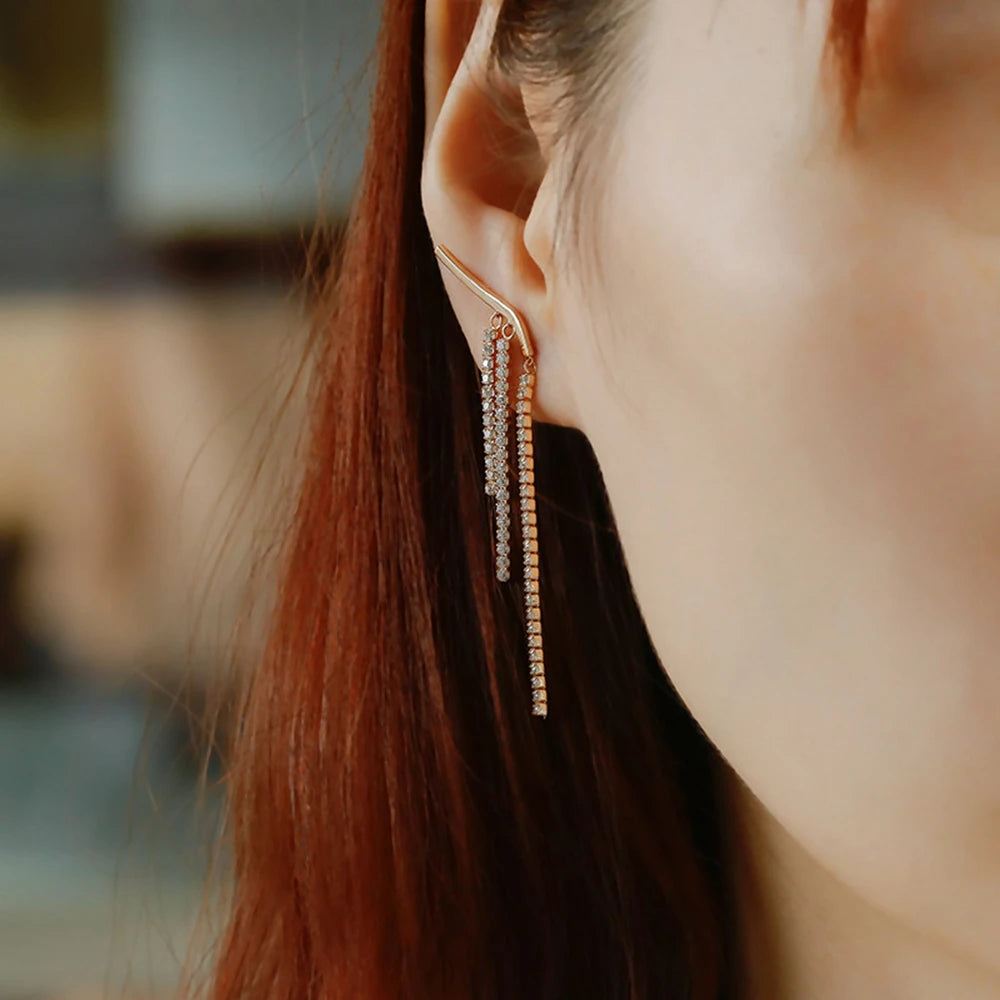 Emotional Factory 925 Sterling Silver 14K Gold Plated White Cz Zircon Tassels Tennis Chain Ear Clips Stud Pendant Earrings