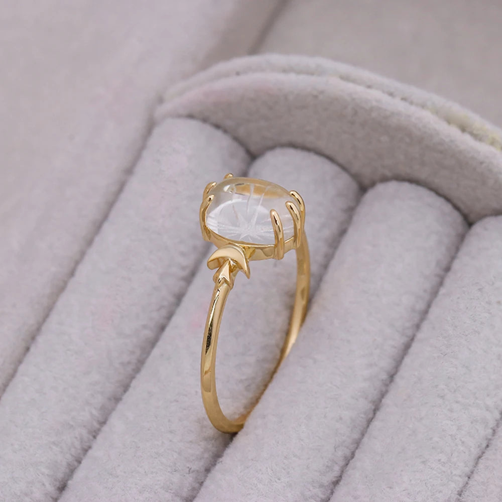 925 Sterling Silver 14K Gold Plated Gemstone Moon Star Starlight Rock Crystal White Crystal Ring