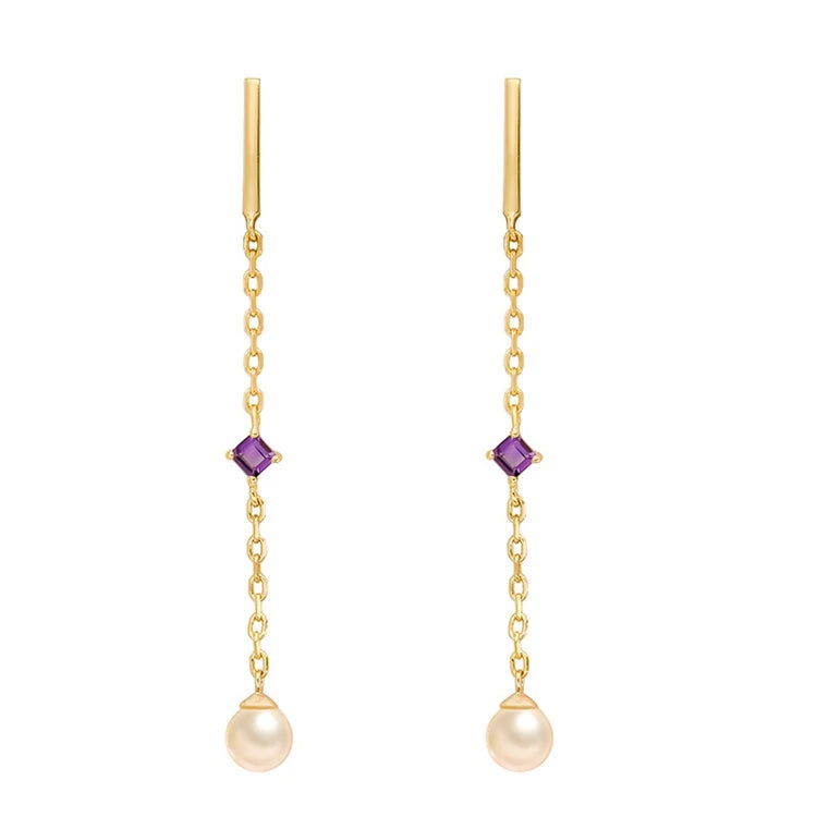 Emotional Factory 925 Sterling Silver 14K Gold Plated Gemstone Pearl Amethyst Tassels Stud Earrings