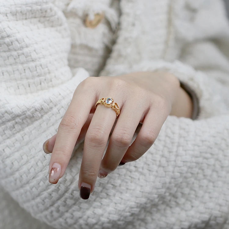 Emotional Factory 925 Sterling Silver 14K Gold Plated Gemstone Natural Blue Topaz Pattern Royal Style Ring