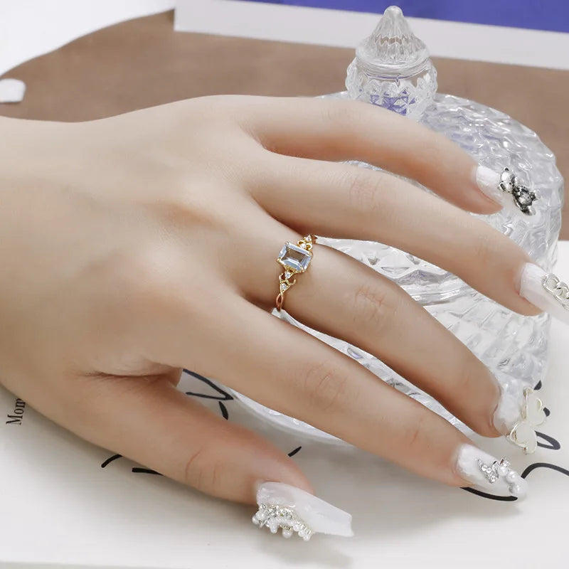 Emotional Factory 925 Sterling Silver 14K Gold Plated Gemstone Ins Geometric Square Sky Blue Zirconia Ring