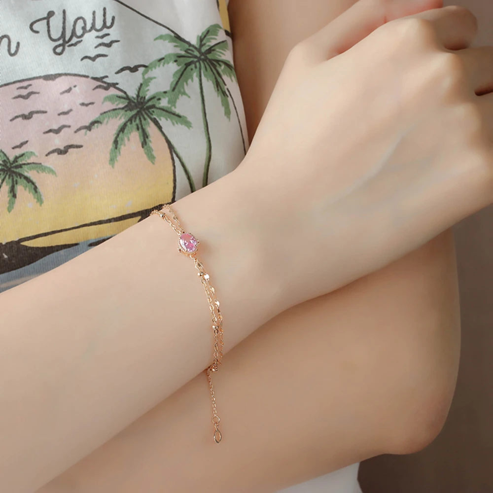 Bijoux Pour Femme 925 Sterling Silver 14K Gold Plated Gemstone Double-Layer Chain Pink Red Corundum Bracelet