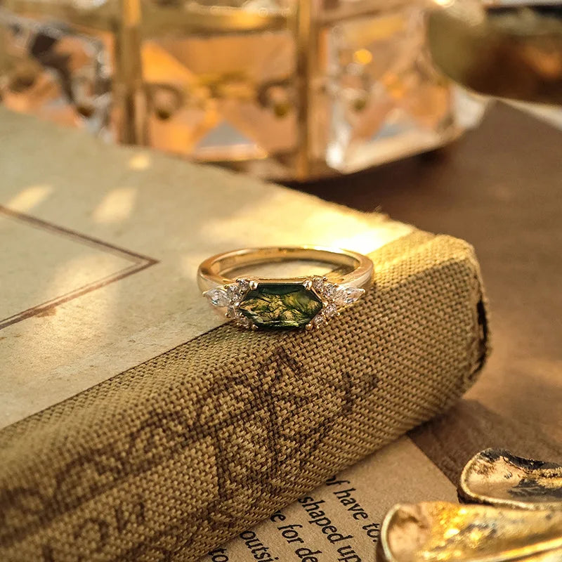 Emotional Anel De Casal Factory 925 Sterling Silver 14K Gold Plated Gemstone Cz Zircon Geometric Hexagon Moss Agate Ring