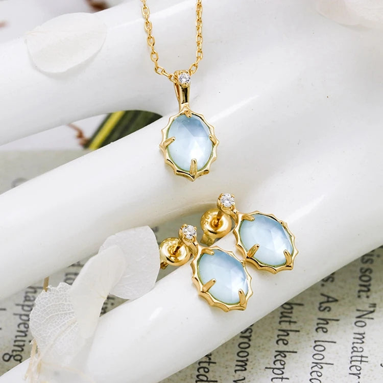 Emotional 925 Sterling Silver 14K Gold Plated Gem Stone Gemstone Retro  Cz Zircon Round White Shell Sky Blue Glass Earrings
