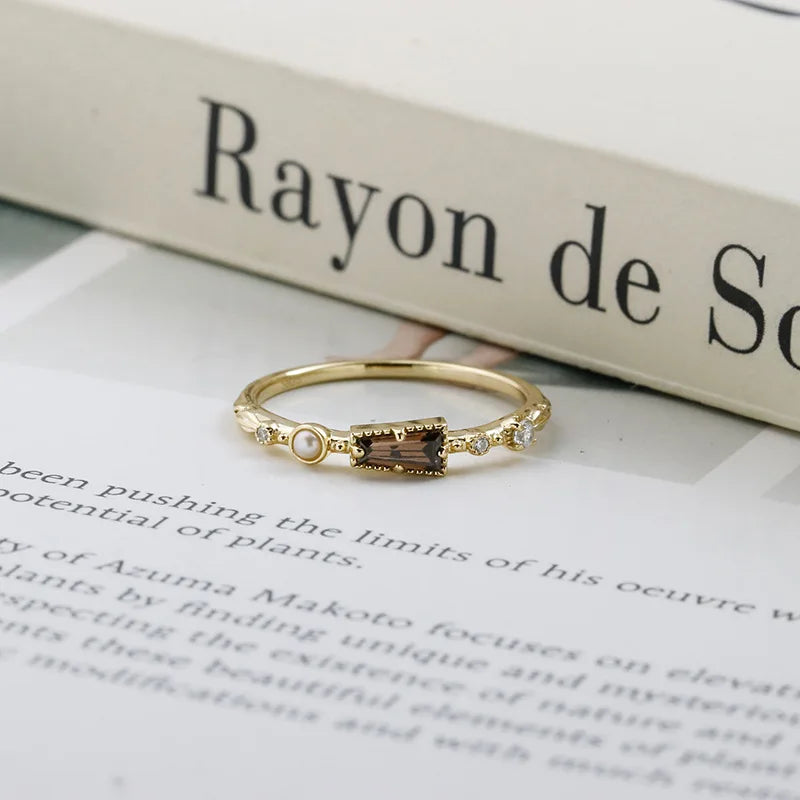 Factory 925 Sterling Silver 14K Gold Plated Gemstone Cz Geometric Trapezoid Natural Freshwater Pearls Brown Zircon Ring