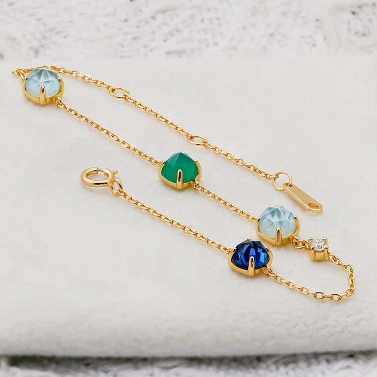 Emotional Frauen Schmuck Factory 925 Sterling Silver 14K Gold Plated Gemstone Blue Glass White Shell Chrysoprase Bracelet