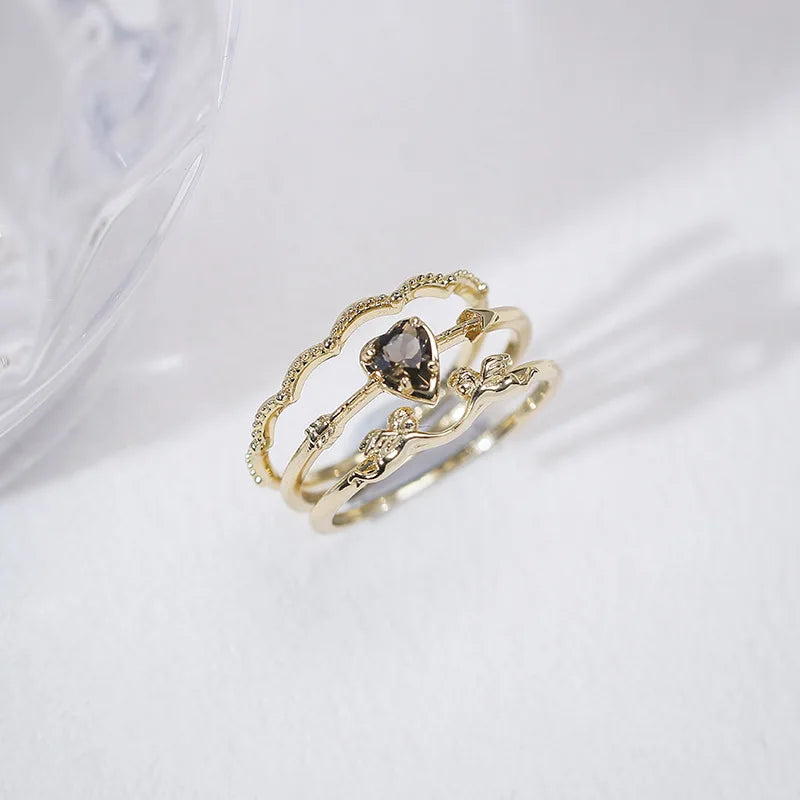 Emotional Factory 925 Sterling Silver 14K Gold Plated Gemstone Angel Heart Cloud Stacking Natural Smoky Quartz Ring