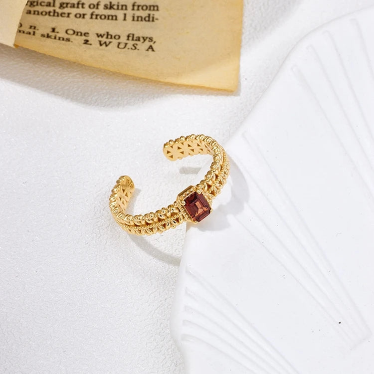 Emotional Anel Ajustavel Factory 925 Sterling Silver 14K Gold Plated Gemstone Natural Red Garnet Pattern Adjustable Ring