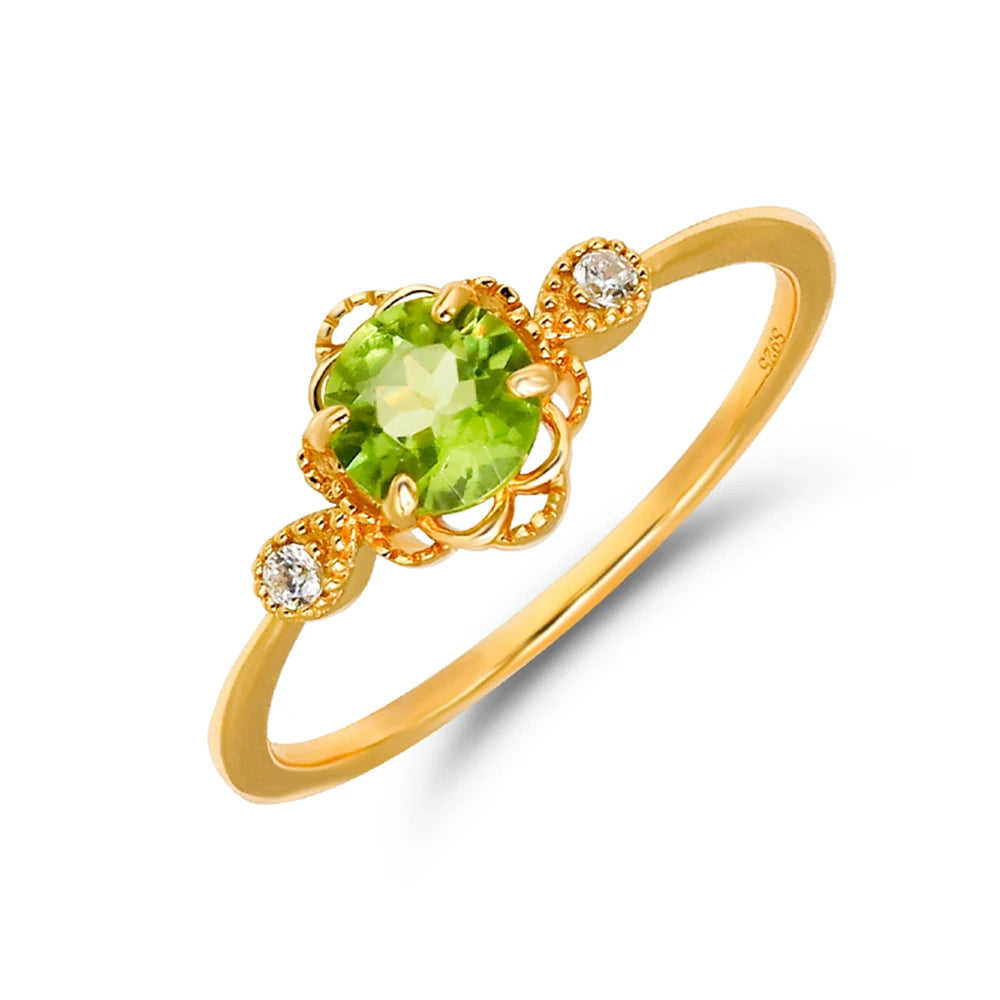 Emotional Factory 925 Sterling Silver 14K Gold Plated Gemstone Retro Cz Zircon Flower Sun Peridot Ring