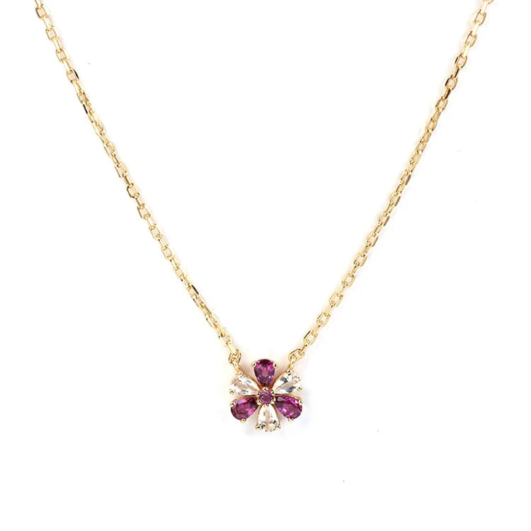 Gemstone Emotional Factory 925 Sterling Silver 14K Gold Plated Flowers Two Color Stone Garnet-Studded White Topaz Necklace