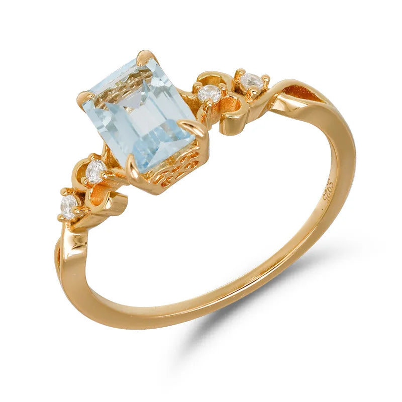 Emotional Factory 925 Sterling Silver 14K Gold Plated Gemstone Ins Geometric Square Sky Blue Zirconia Ring