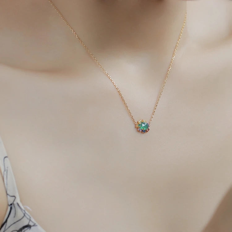 925 Sterling Silver 14K Gold Plated Gemstones Colourful Rainbow Red Garnet Natural Green Chalcedony Crystal Necklace