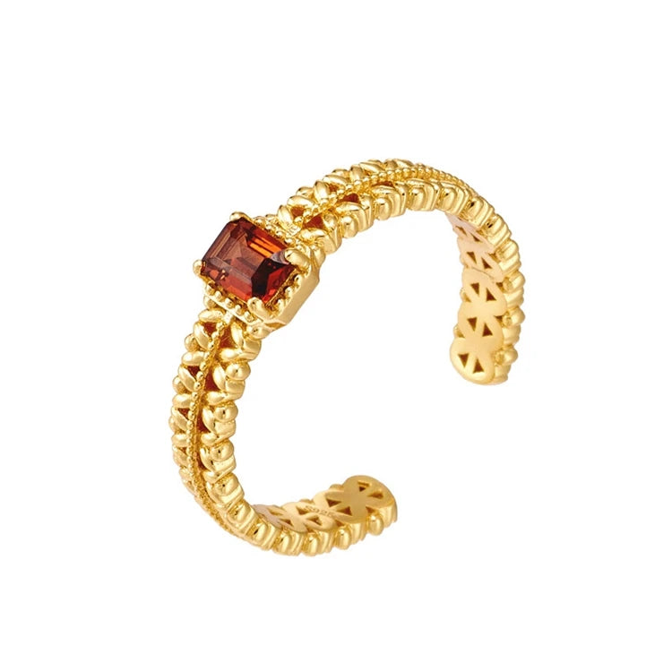 Emotional Anel Ajustavel Factory 925 Sterling Silver 14K Gold Plated Gemstone Natural Red Garnet Pattern Adjustable Ring