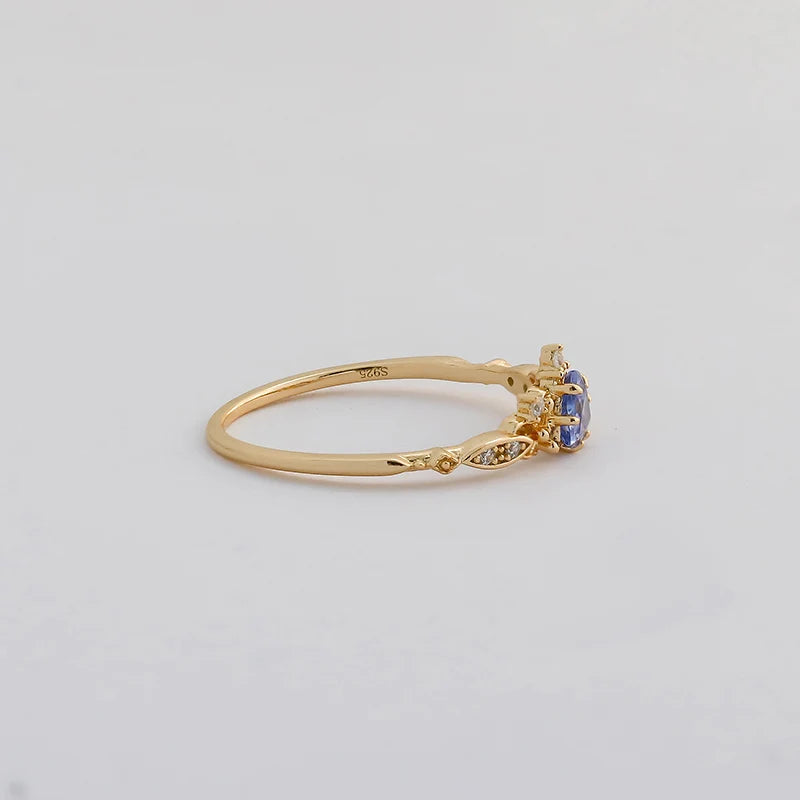 French Light Luxury Retro Style S925 Silver Plated 14k Gold Tanzanite Ring for Wholesale