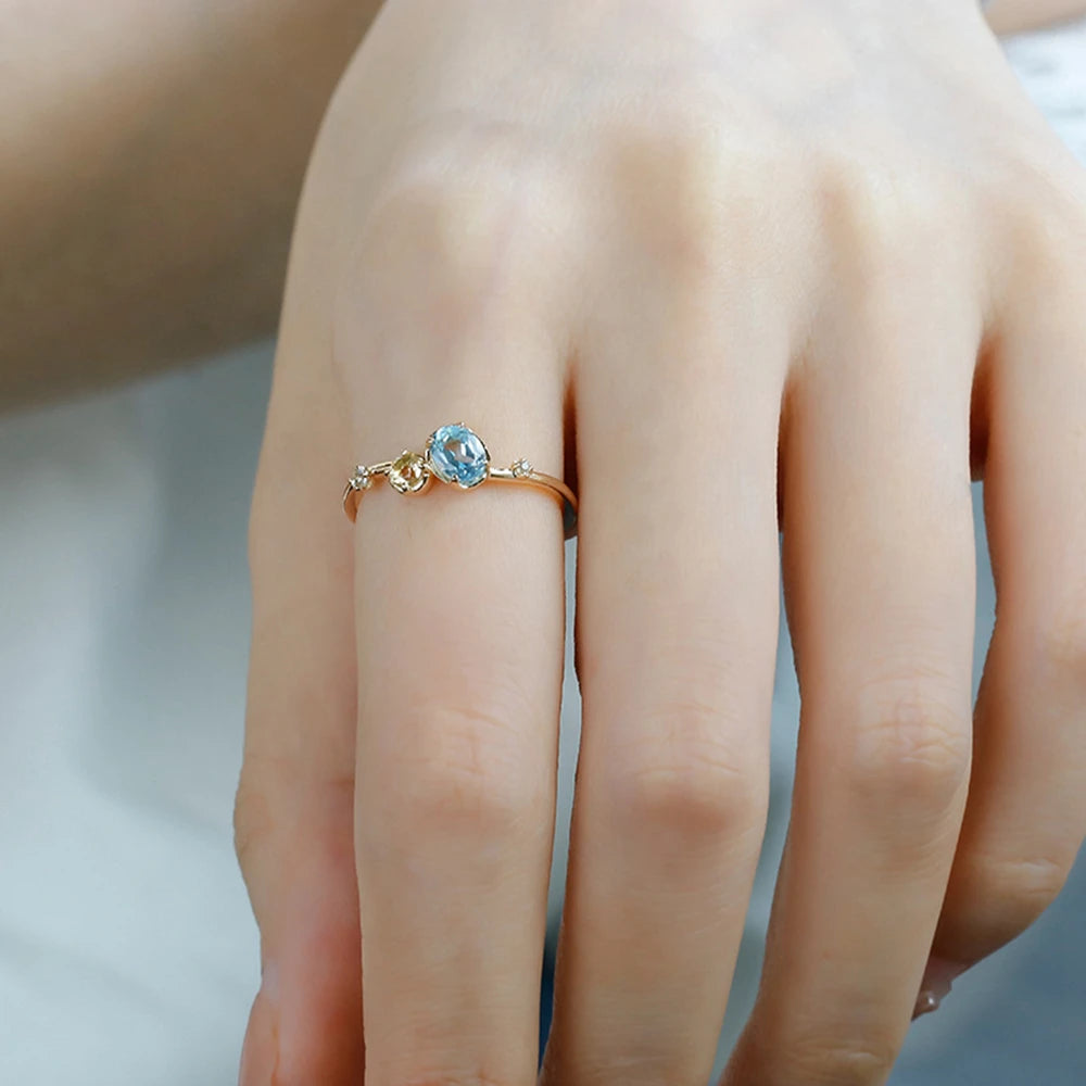 Emotional Factory 925 Sterling Silver 14K Gold Plated Gem Stone Gemstone Irregular Citrine Sky Blue Topaz Ring