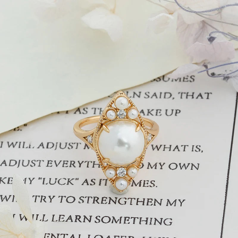 S925 Sterling Silver 14K Gold Plated Ring with Elegant Pearl Luxurious Fashion Jewelry